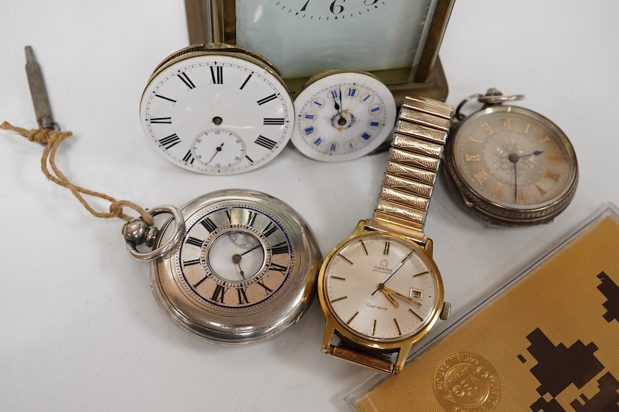 A gentleman's 1970's stainless steel and gold plated Omega automation wrist watch, case diameter 35mm, on an associated flexible strap, together with a Victorian silver open faced fob watch, a white metal half hunter poc